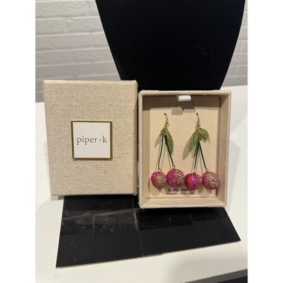 Piper K Cherry Earrings Pink Rhinestone Fruit Dangle Drop Gold Tone - Picture 1 of 5